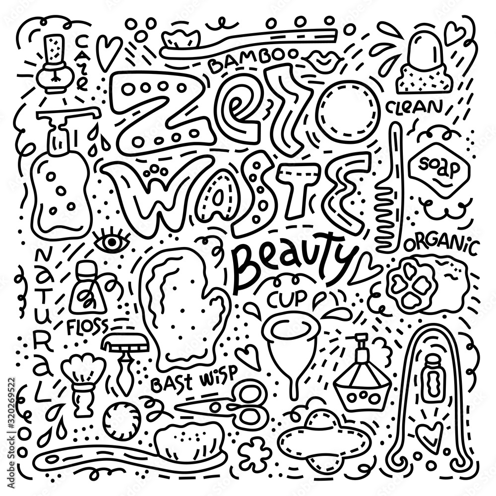 Zero waste beauty, outline doodle style illustration