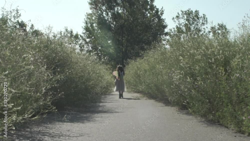 Child girl walks on flower path in sun wearing fairy wings wide frame child walks away from camera as camera follows in slow motion Child girl walks on flower path in sun wearing fairy wings wide frame child walks away from camera as camera follows in slow motion