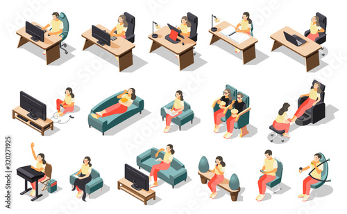 Sedentary Lifestyle Isometric Recolor Icon Set