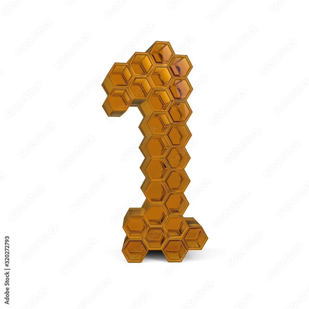 Number 1. Digital sign. Orange glossy honeycomb font. 3D