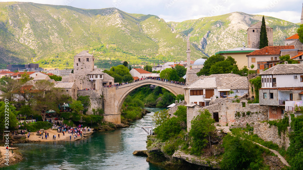 Panorama of The Old Bridge and city of  Mostar, Bosnia and Herzegovina, April 2019.