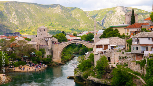 Panorama of The Old Bridge and city of Mostar, Bosnia and Herzegovina, April 2019.
