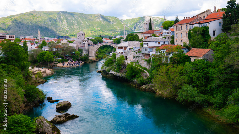 Panorama of The Old town of Mostar and Stari most Bridge, Bosnia and Herzegovina.  