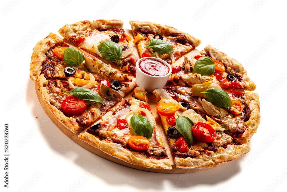 Sliced pizza with ham and artichoke on white background