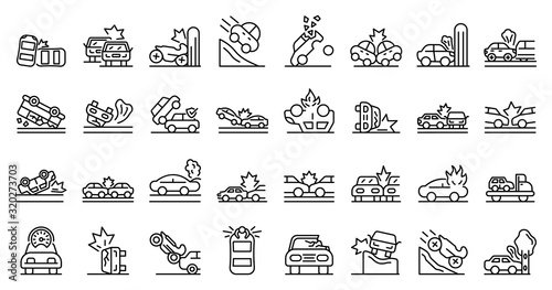 Car accident icons set. Outline set of car accident vector icons for web design isolated on white background