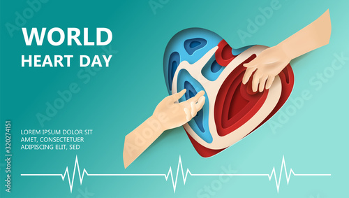 World Heart Day concept. Layered paper cut relief with World Heart Day label. Man holds out a helping hand. Two hands reaching for each other. Flat-style vector illustration with heartbeat line.