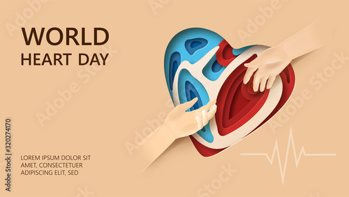 World Heart Day concept. Layered paper cut relief with World Heart Day label. Man holds out a helping hand. Two hands reaching for each other. Flat-style vector illustration with heartbeat line.