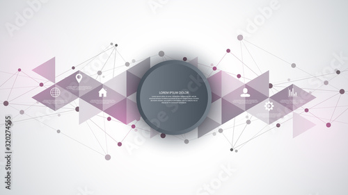 Information technology with infographic elements and flat icons. Abstract background with connecting dots and lines. Global network connection, digital technology and communication concept.