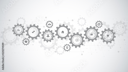 Information technology with infographic elements and flat icons. Cogs and gear wheel mechanisms. Hi-tech digital technology and engineering. Abstract technical background.