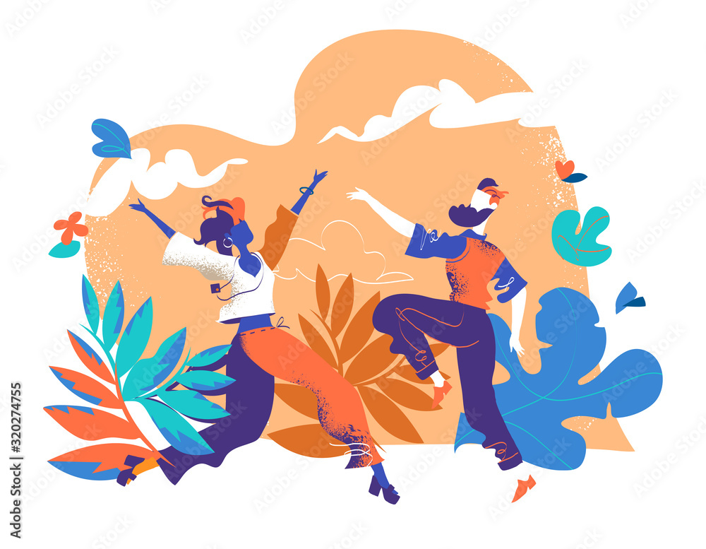 Celebrazione della vita. Coppia di uomo e donna giovani e felici balla, si gode la vita, la libertà nell'armonia con la natura - illustrazione vettoriale	