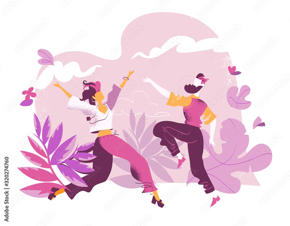 Celebrazione dell'amore. Coppia felice balla, si gode la vita, la libertà nell'armonia con la natura - illustrazione vettoriale Celebrazione dell'amore. Coppia felice balla, si gode la vita, la libertà nell'armonia con la natura - illustrazione vettoriale