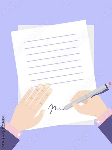 Man hands signs contract vector illustration. Businessman puts his signature on agreement. Contracts sign vector illustration