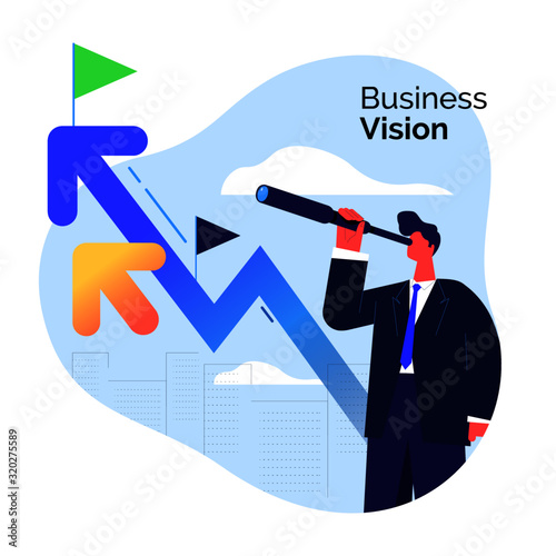 Business exeutive with telescope on cityscape
