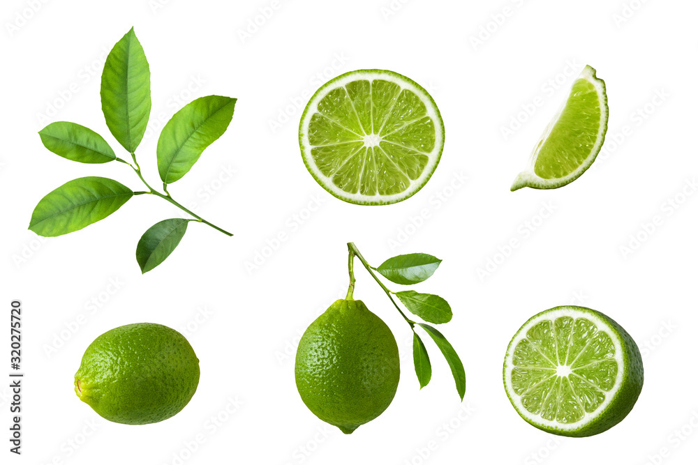 Set of lime fruit, green lime slices and leaf isolated on white background. Packing design element.