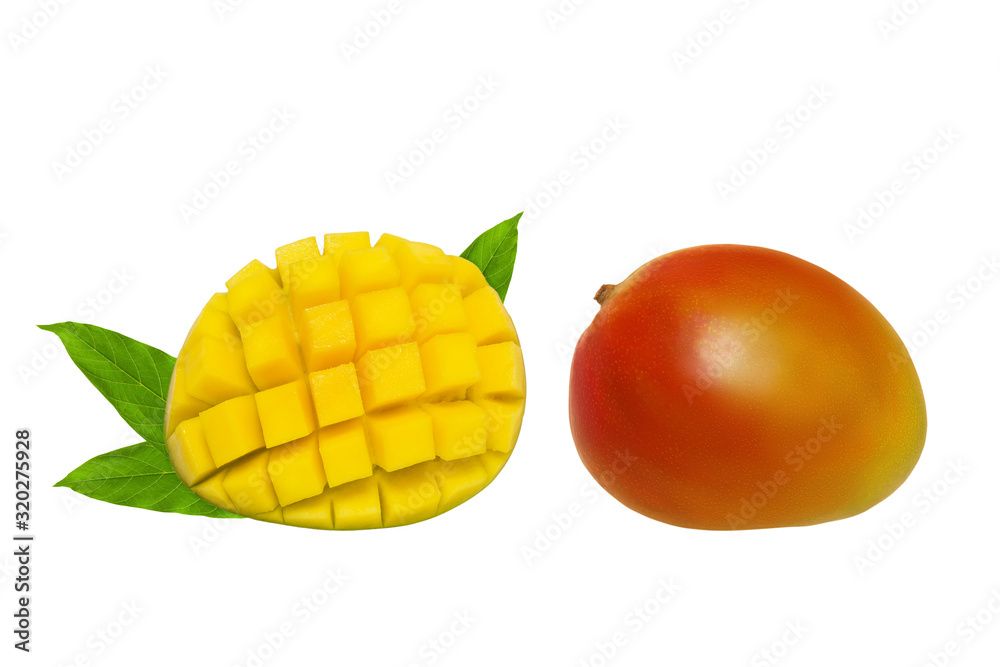 Mango fruit and half mango cut into cubes with green leaves isolated on white background
