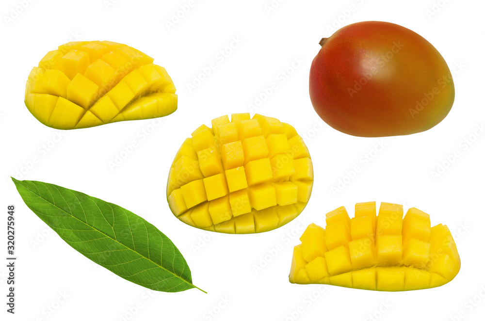 Set of mango fruit, mango slices and leaf isolated on white background.