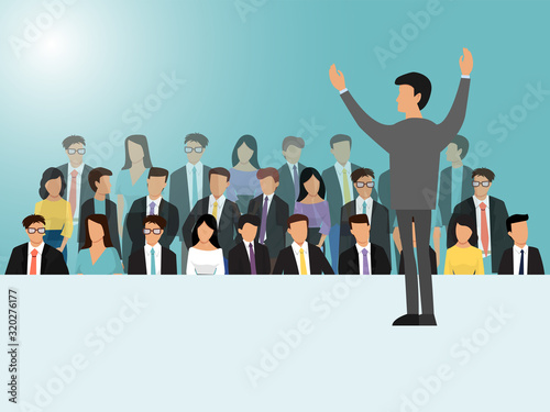 Businessmen speaking on seminar, meeting or conference vector illustration. Back view of business speaker. Man standing in front of the crowd.