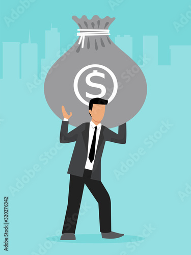 Businessman carrying money bag with tax vector illustration. Taxable business man concept. Currency finance debt and taxes payment bags.