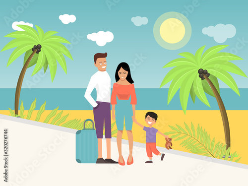 Family arrived on beach holiday vector illustration. Happy family on beachfront vacation.