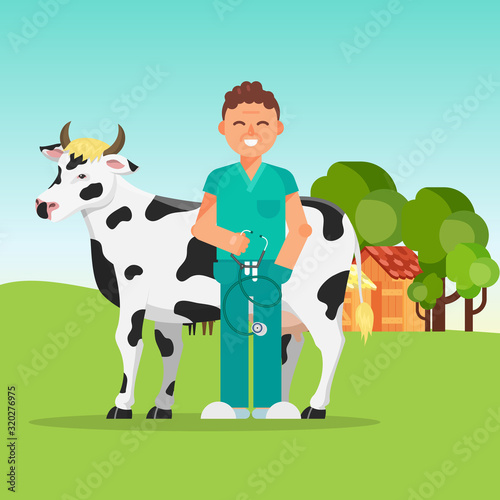 Doctor veterinary and cow vector illustration. Farm animals cows medicine doctoral. Agricultures veterinarian care.