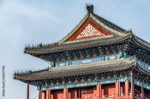 China, Beijing, Forbidden City Different design elements of the colorful buildings rooftops closeup details © CL-Medien