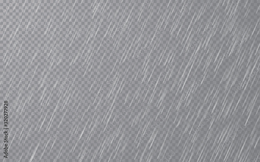 Rain drops on transparent background. Falling water drops. Nature rainfall. Vector illustration