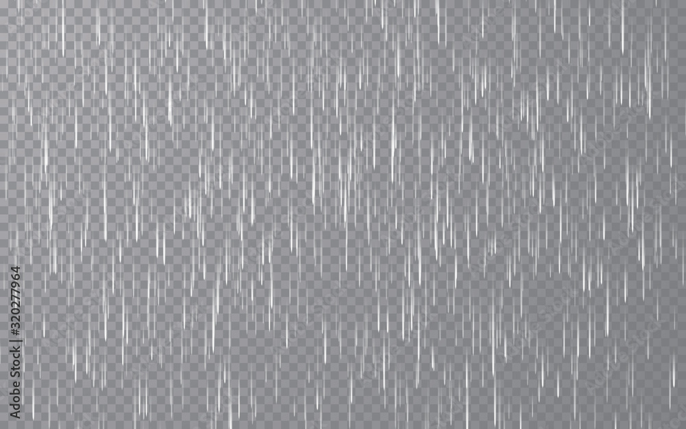 Rain drops on transparent background. Falling water drops. Nature rainfall. Vector illustration