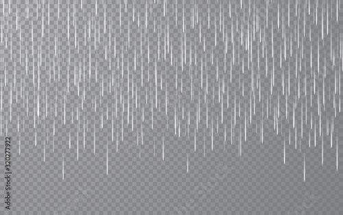 Rain drops on transparent background. Falling water drops. Nature rainfall. Vector illustration