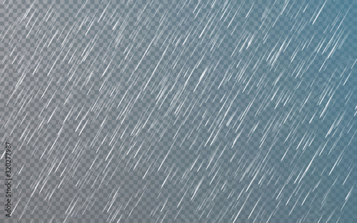 Rain drops on transparent background. Falling water drops. Nature rainfall. Vector illustration