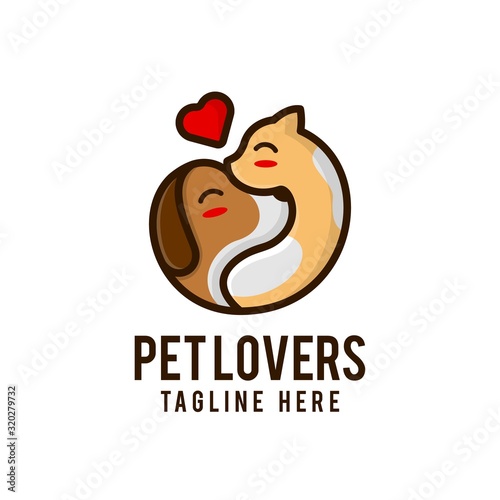 Love pet logo design. Dog and cat with love vector illustration for pet shop graphic template