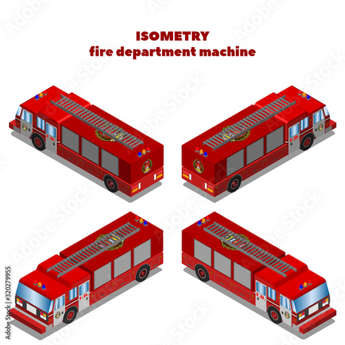 3D ISOMETRY biaxial red fire department car with a staircase in four projections photo