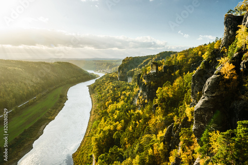 Elbe river from Bastei bridge and Sandstone mountains, Germany photo