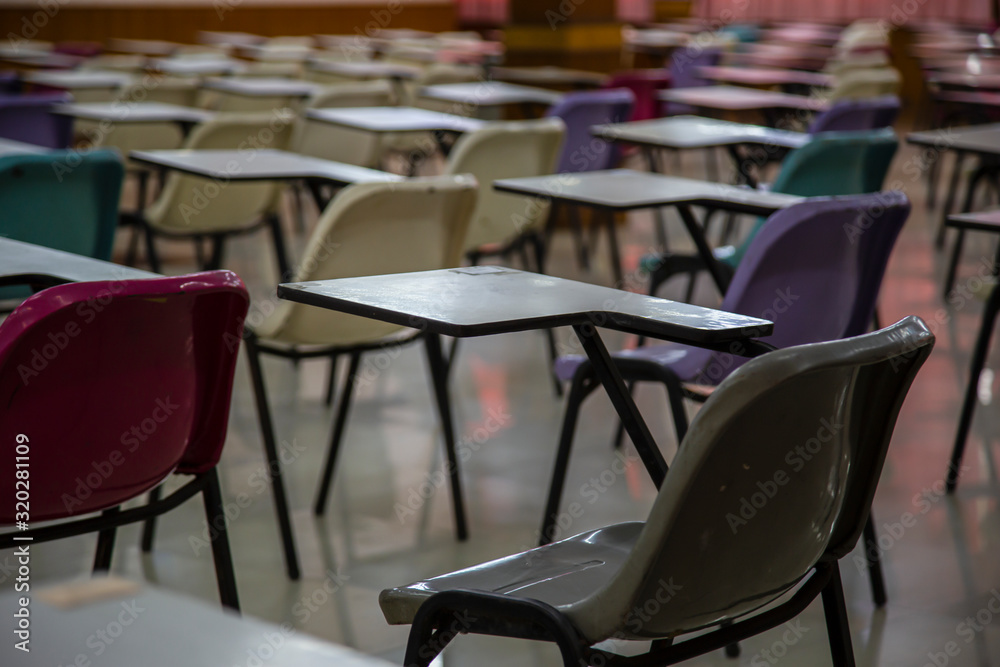Lecture room or school, empty classroom with tables, steel chairs for study and training in Thailand Lecture room or school, empty classroom with tables, steel chairs for study and training in Thailand