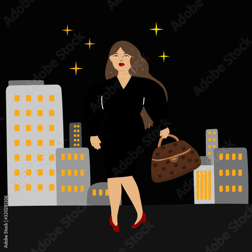 夜の街をブランド物を持って歩くOLの女性