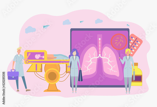 Doctors do X-ray of the lungs. Allergic asthma or pneumonia. Obstructive pulmonary disease, chronic bronchitis, emphysema concept. Colorful vector illustration