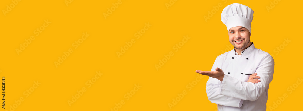Cook Man Gesturing Showing Something Standing Over Yellow Background, Panorama - obrazy, fototapety, plakaty 