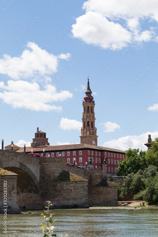View of La Seo Cathedral and The Stone Bridge in Zaragoza, Aragon, Spain
