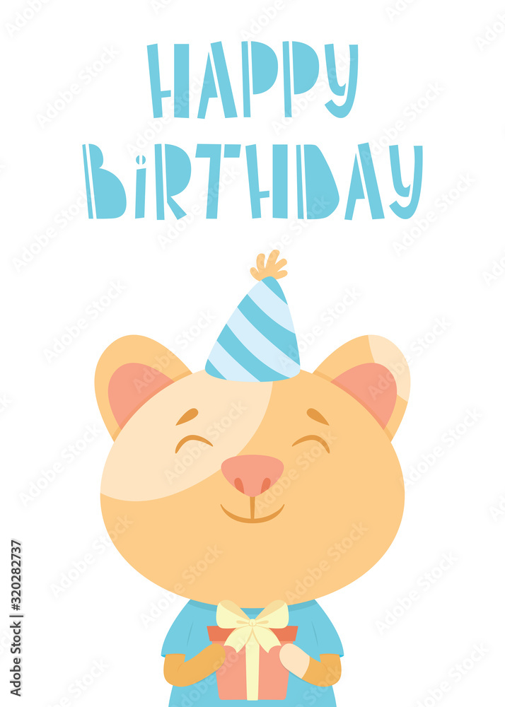 Birthday greeting card with a cat and hand drawn lettering. A cat in a festive cap with present. Postcard with calligraphy. Anniversary greeting card with handwritten text. Birthday greeting card with a cat and hand drawn lettering. A cat in a festive cap with present. Postcard with calligraphy. Anniversary greeting card with handwritten text.
