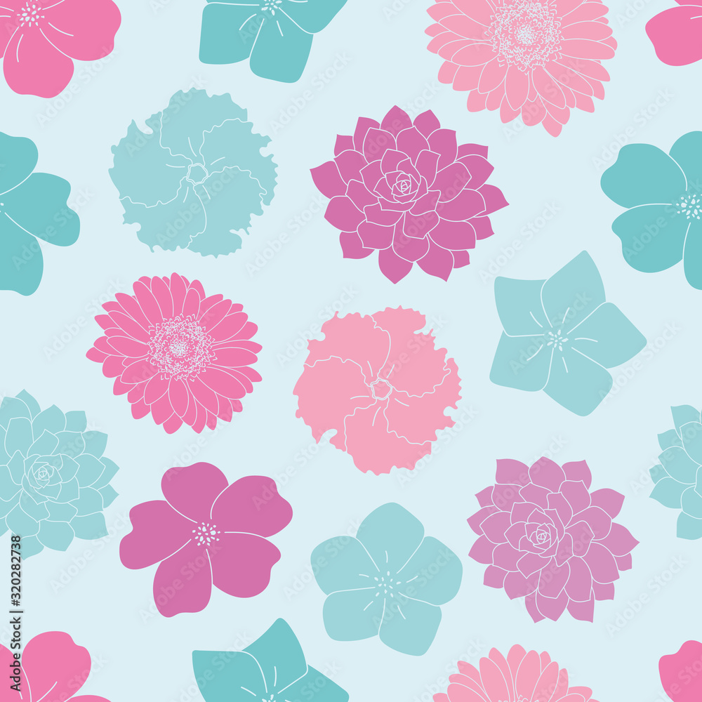 Vector blue and pink flowers seamless pattern blue background