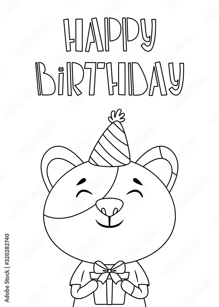Birthday greeting card with a cat and hand drawn lettering. A cat in a festive cap with present. Postcard with calligraphy. Black and white illustration for coloring book. Birthday greeting card with a cat and hand drawn lettering. A cat in a festive cap with present. Postcard with calligraphy. Black and white illustration for coloring book.