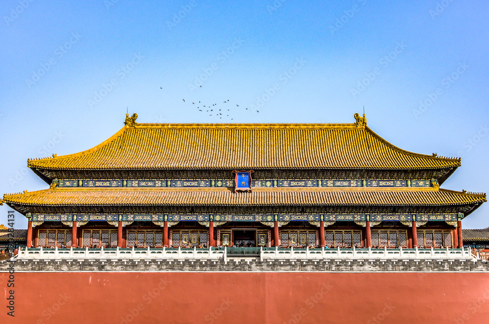 China, Beijing, Forbidden City Different design elements of the colorful buildings rooftops closeup details China, Beijing, Forbidden City Different design elements of the colorful buildings rooftops closeup details