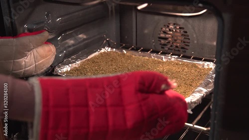 Person removing decarboxylated cannabis after baking in the oven. photo