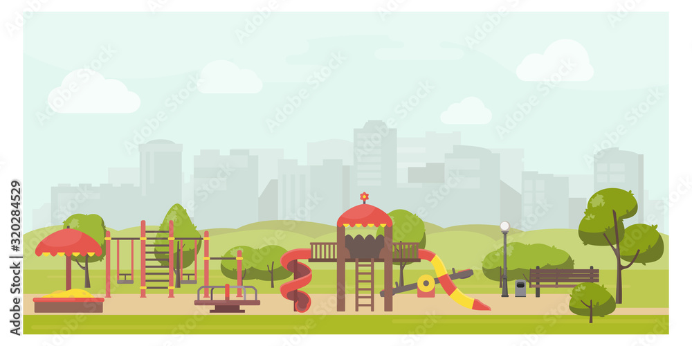 Kids playground in city park flat illustration. Stock vector. Playground design with slide, swing, carousel, sandbox. Public park landscape. Kids playground in city park flat illustration. Stock vector. Playground design with slide, swing, carousel, sandbox. Public park landscape.