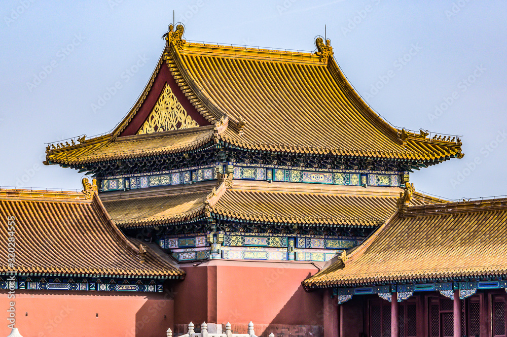 Obraz premium China, Beijing, Forbidden City Different design elements of the colorful buildings rooftops closeup details