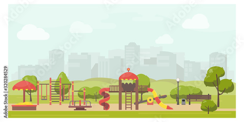 Fototapeta Naklejka Na Ścianę i Meble -  Kids playground in city park flat illustration. Stock vector. Playground design with slide, swing, carousel, sandbox. Public park landscape.