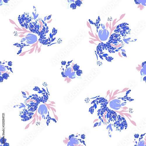 Blue floral background. Vector glitter textured seamless pattern with flowers bouquet