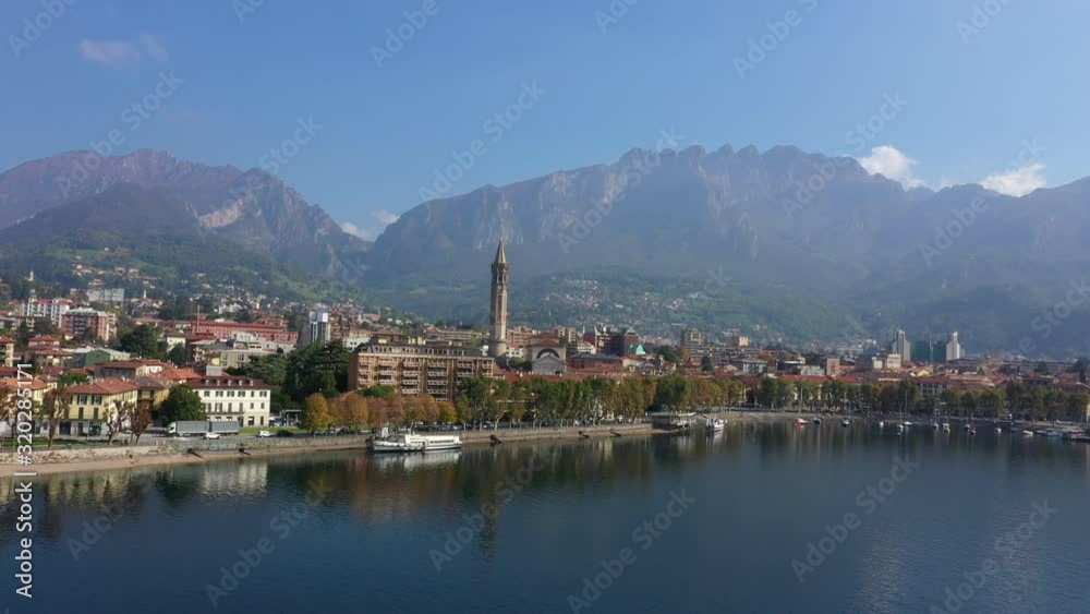 Circle flight. Panoramic view of Lake Como, the city of Lecco. Aerial view. Circle flight. Panoramic view of Lake Como, the city of Lecco. Aerial view.