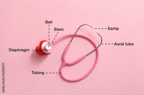 фотографія Modern stethoscope with names of particular parts and red heart on color backgro