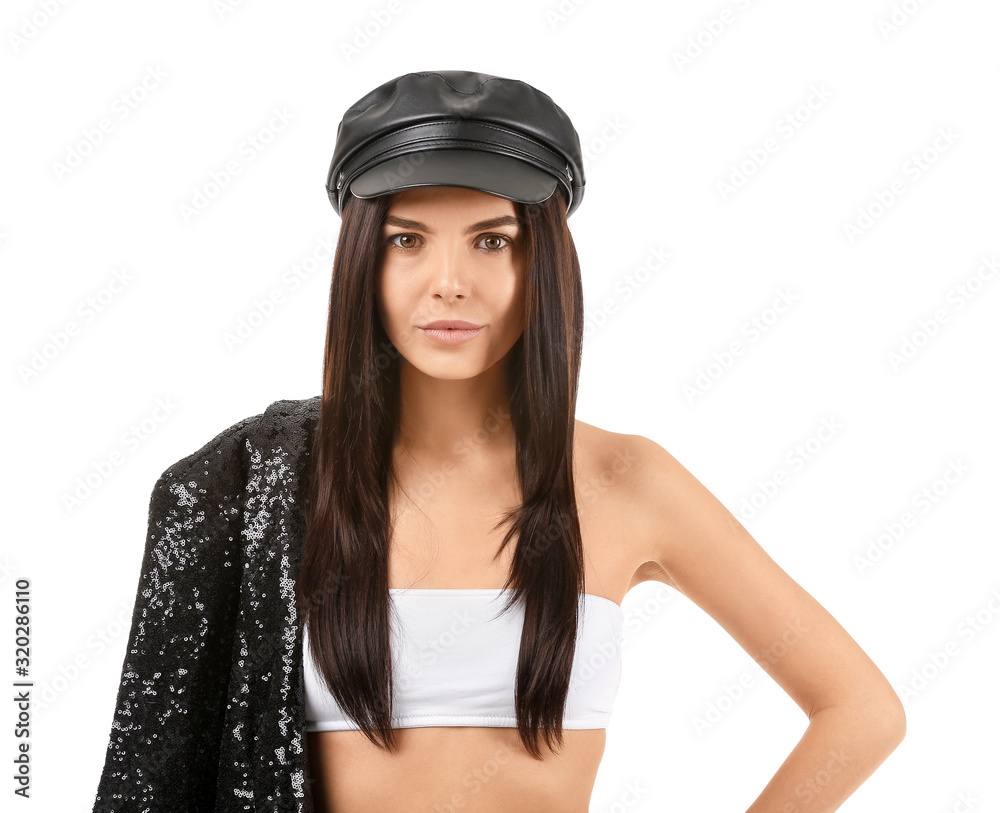 Beautiful fashionable young woman on white background Beautiful fashionable young woman on white background