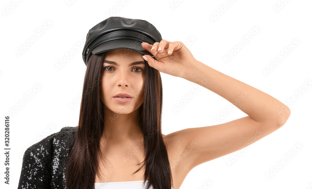 Beautiful fashionable young woman on white background Beautiful fashionable young woman on white background